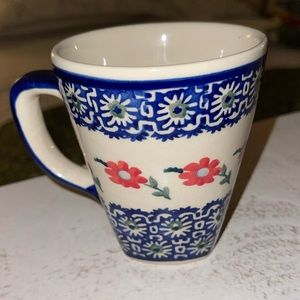 Boleslawiec Poland Pottery Mug Blue Pink Flower Design